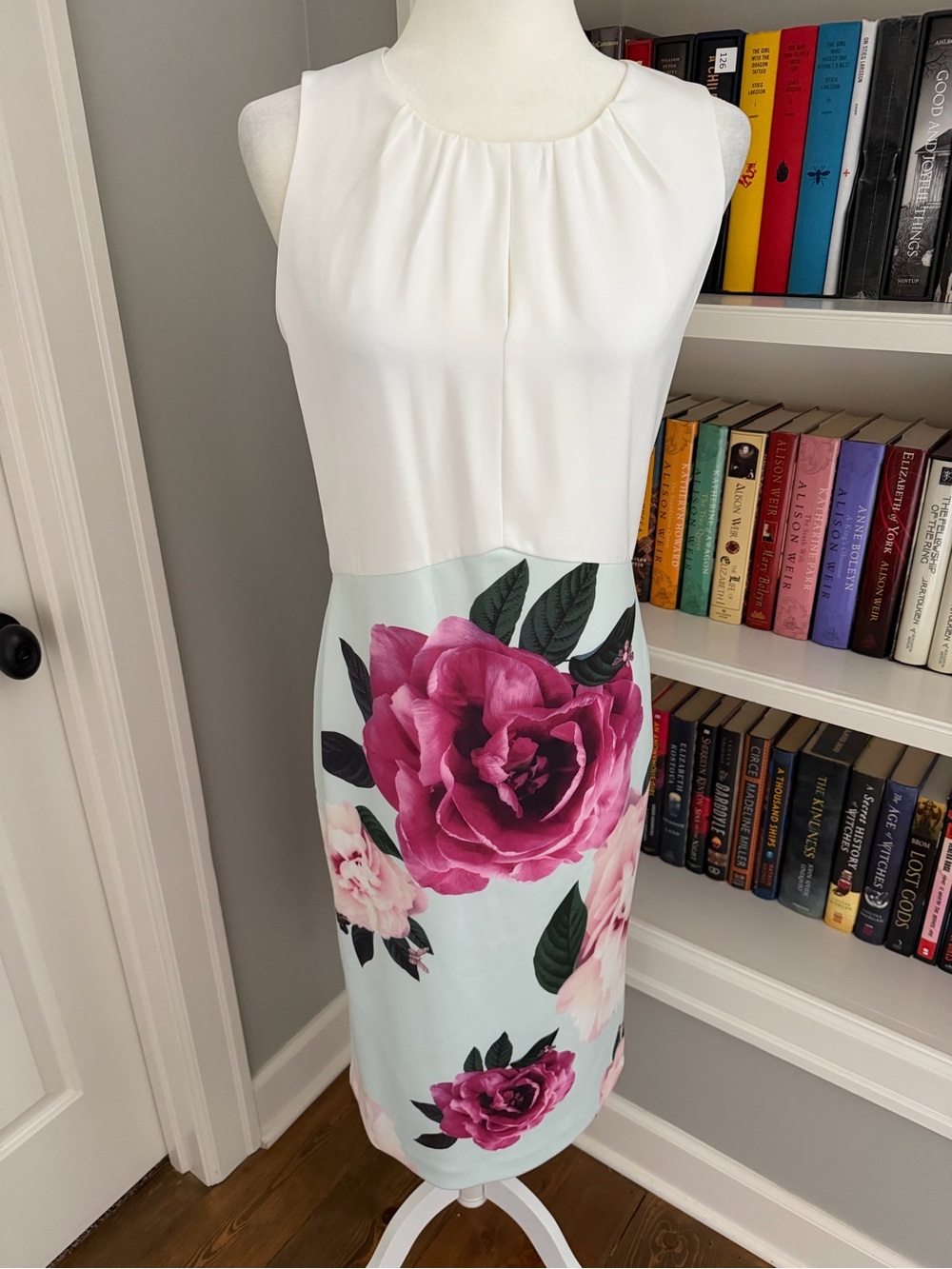 Ted Baker White Bodice Midi Dress with Pink Floral Skirt